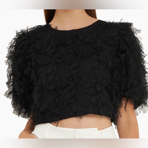 ENDLESS ROSE Gridded Mesh Feathered Cropped Top - Picture 3 of 11